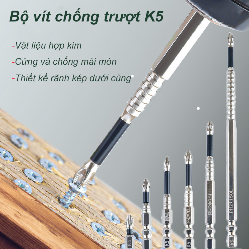 Mũi Chéo PH2 Chống Trượt K5 -Đầu Lô Thép Hợp Kim Chống Va Đập,1 Mũi chéo, chân lục giác ngắn 6.35mm