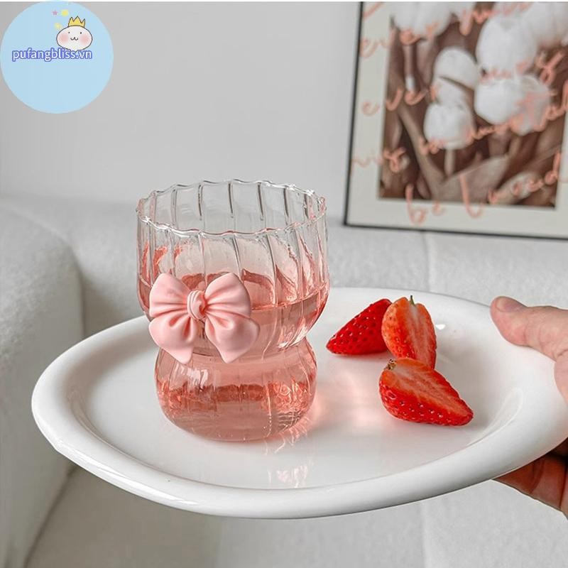 Pufangbliss Nơ Hồng Thủy Tinh Dễ Thương Cốc Nước Hoạt Hình Nơ Cốc Thủy Tinh Sọc Dễ Thương Doodle Cốc Cà Phê Hộ Gia Đình Trà Trái Cây Nước chanh Bé Gái Quà Tặng VN