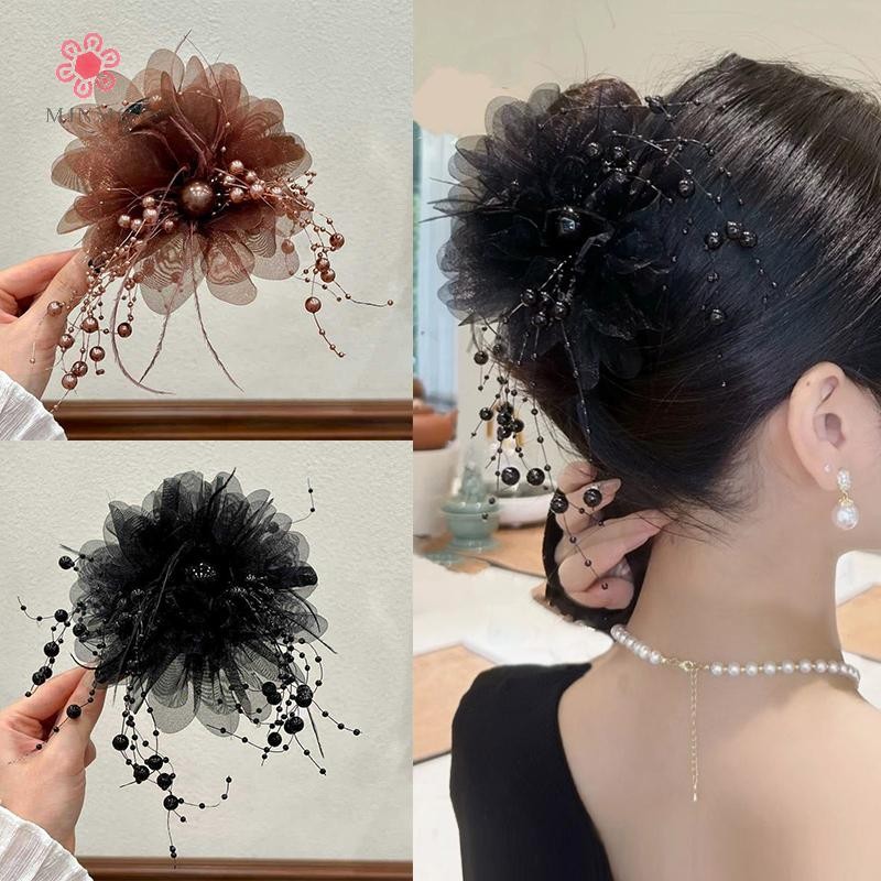 MJnmc Thời Trang Lưới Đen Hoa Nữ Đuôi Ngựa Kẹp Mũ Đội Đầu Tính Khí Hoa Tóc Móng Vuốt Mũ Mới