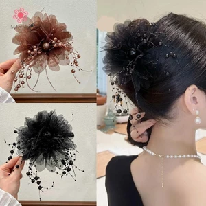 MJnmc Thời Trang Lưới Đen Hoa Nữ Đuôi Ngựa Kẹp Mũ Đội Đầu Tính Khí Hoa Tóc Móng Vuốt Mũ Mới