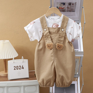 (6m-8Y) Quần Áo Cho Bé Toddle In Hình Gấu Hoạt Hình Tay Ngắn + Dây Treo 2 Dây Đeo Bé Trai Bé Gái Bộ Phong Cách Thời Trang Hàn Quốc