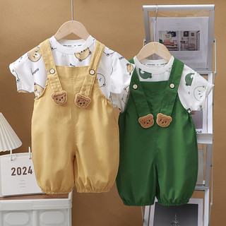(6m-8Y) Quần Áo Cho Bé Toddle In Hình Gấu Hoạt Hình Tay Ngắn + Dây Treo 2 Dây Đeo Bé Trai Bé Gái Bộ Phong Cách Thời Trang Hàn Quốc