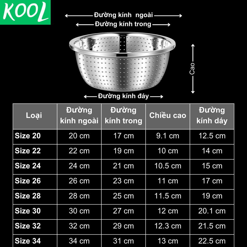 Thau rổ inox đa năng KOOL RB21124 chậu rổ inox, thau trộn rửa rau nhiều size
