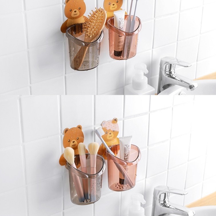 Cốc gấu dán tường, Cốc đựng bàn chải đánh răng, Cốc gấu nâu dán tường đựng bàn chải kem đánh răng siêu tiện lợi