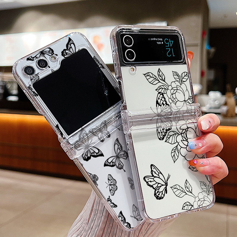 Bướm In Hoa Trong Suốt Vỏ Điện Thoại Cho Samsung Galaxy Z Flip 6 Flip 5 Flip 4 5G Full Bản Lề Cứng PC Gấp Bao Cho Samsung Z Flip 6 5 4 3
