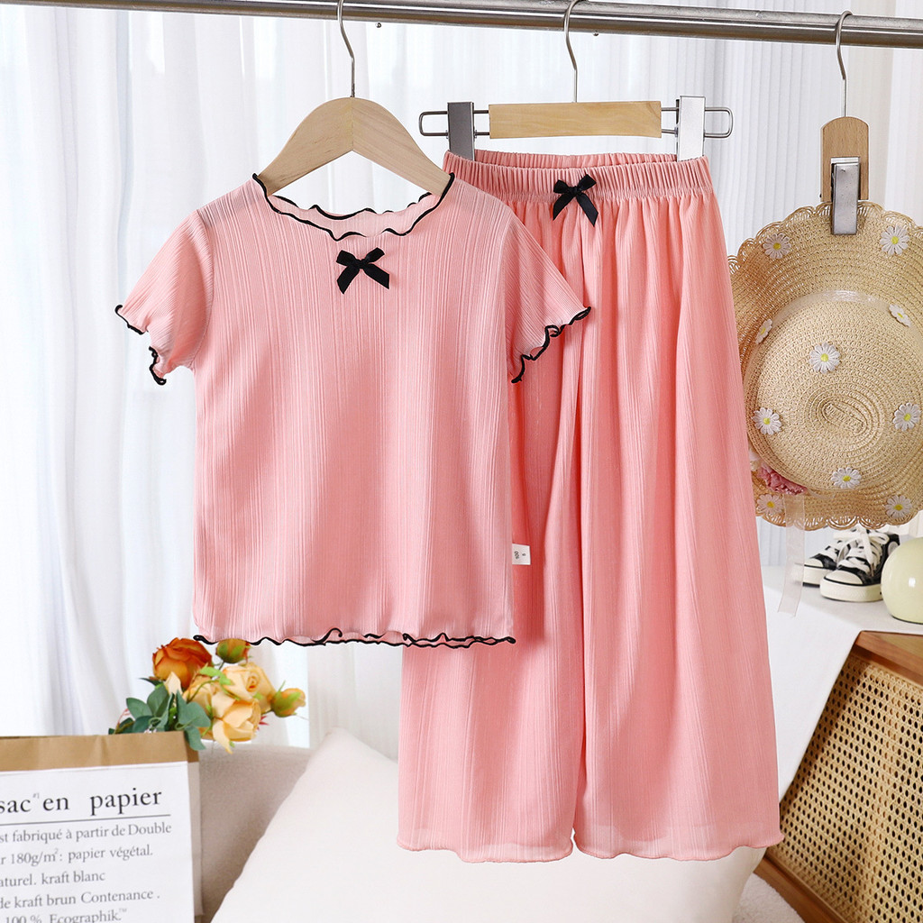 Bộ đồ mỏng mùa hè cho bé gái Bộ đồ hai mảnh ngắn tay dành cho trẻ em Bộ đồ hai mảnh nơ rộng Bộ đồ thoáng khí Bộ đồ mát mẻ 8O-140 Kích thước IBOD