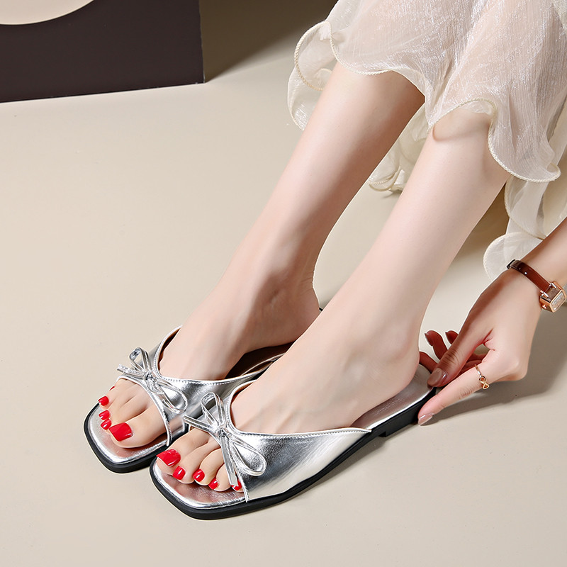 Atikota Thời Trang Nữ Sandal Đầu Vuông Nơ Mở Mũi Đi Biển Đa Năng Xăng đan Flat