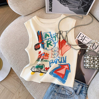 Thiết Kế Không Tay Mùa Hè ins Áo Vest Giảm Tuổi Hình Chữ I Tay Ngắn Graffiti Top Niche Xám Nữ Phù Hợp Với