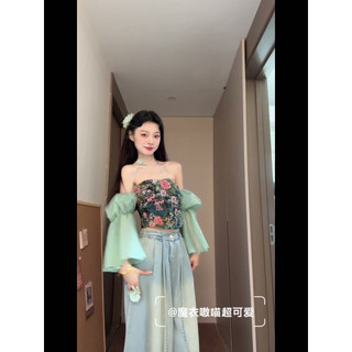 Phong cách Thái!Áo sơ mi thẩm mỹ cổ điển tay phồng hoa Niche Sling!]Tính khí T [Vai!Áo Vest đẹp