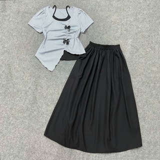Set Áo Thun Bigsize Nữ Tay Ngắn Cổ Yếm Đính Nơ Vạt Nhọn Kèm Chân Váy Lụa Dài Xòe Thanh Lịch SET(A278+CV15)