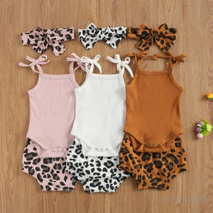 / / -Bộ trang phục 3 món dành cho bé gái sơ sinh Áo liền quần + Quần short da báo + Băng đô
