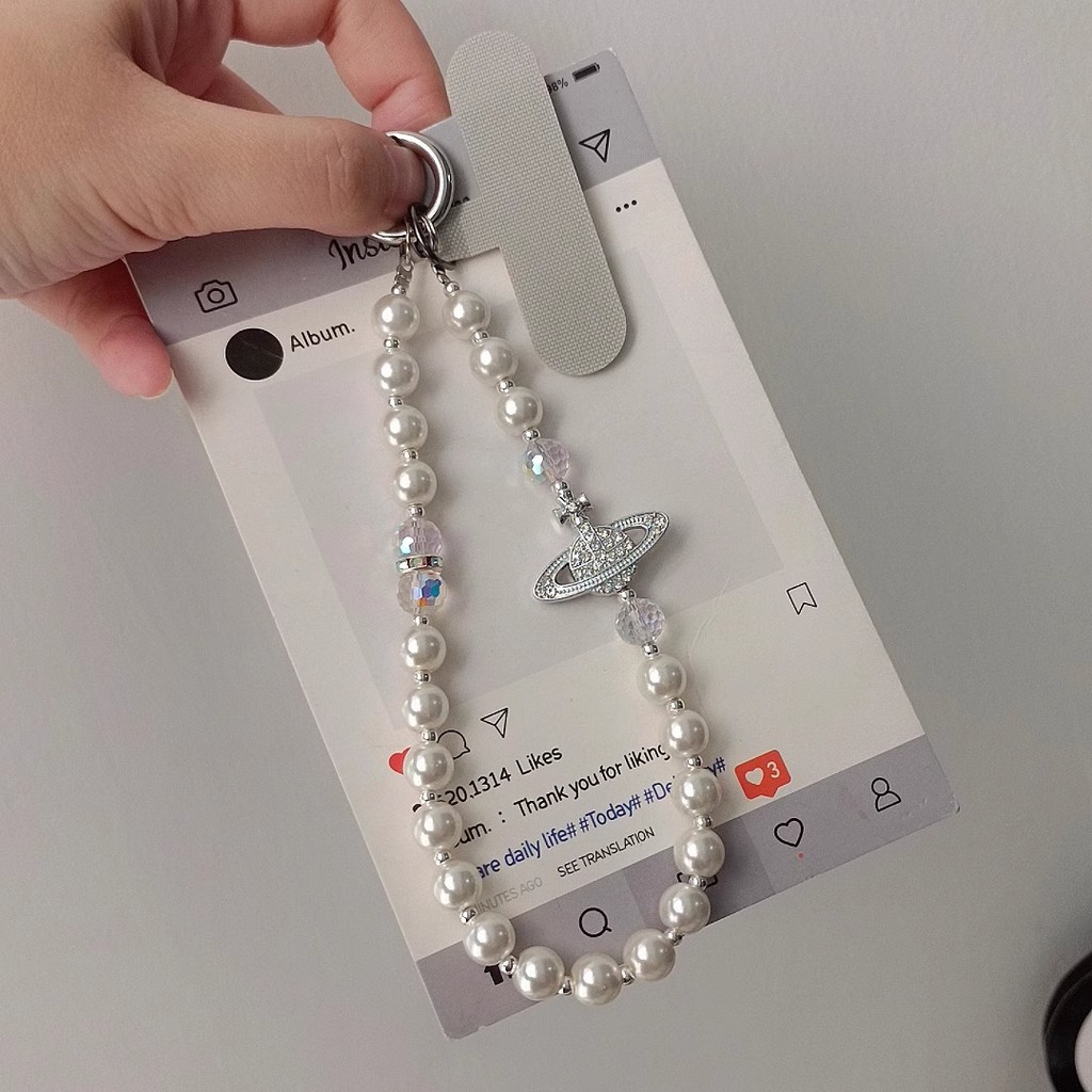 [3676 Bộ sưu tập người] Ánh sáng sang trọng cao cấp nhấp nháy kim cương Saturn Pearl Dây chuyền điện thoại di động diy Đính cườm cổ tay ngắn Dây chuyền túi Niche tinh tế Mặt dây chuyền