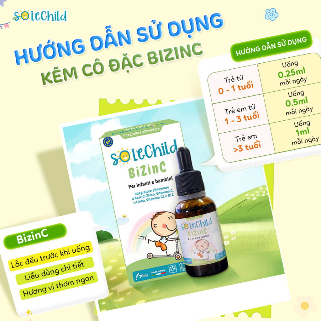Kẽm Ăn Ngon Cho Bé SOLECHILD BiZinC 30ml Giúp Bé Ăn Nhiều Tăng Cân, Đề Kháng Khỏe, Giảm Ốm Vặt