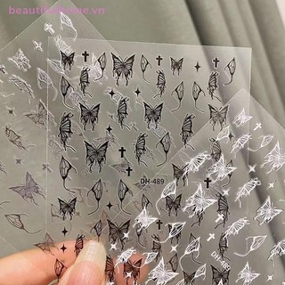 [Beautifulhome] Bạc Đen Trắng 3D Dán Móng Tay Ngôi Sao Kim Loại Dính Chữ Thập Thanh Trượt Bọc Gel Làm Móng Tay Đề Can Ba Lan [Làm Đẹp]