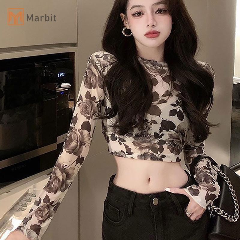 Marbit Thu Đông Nữ Retro Hoa Cổ Tròn Dài Tay Áo Thun Slim Crop Top Mới