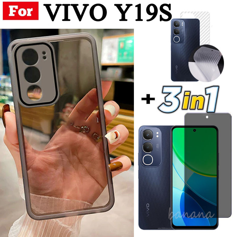 Ốp điện thoại trong suốt bằng silicon mềm TPU 3 trong 1 Vivo Y19S Y18 Y18E Y28 4G Y03 có vỏ bảo vệ Camera + Kính cường lực riêng tư + Phim mặt sau
