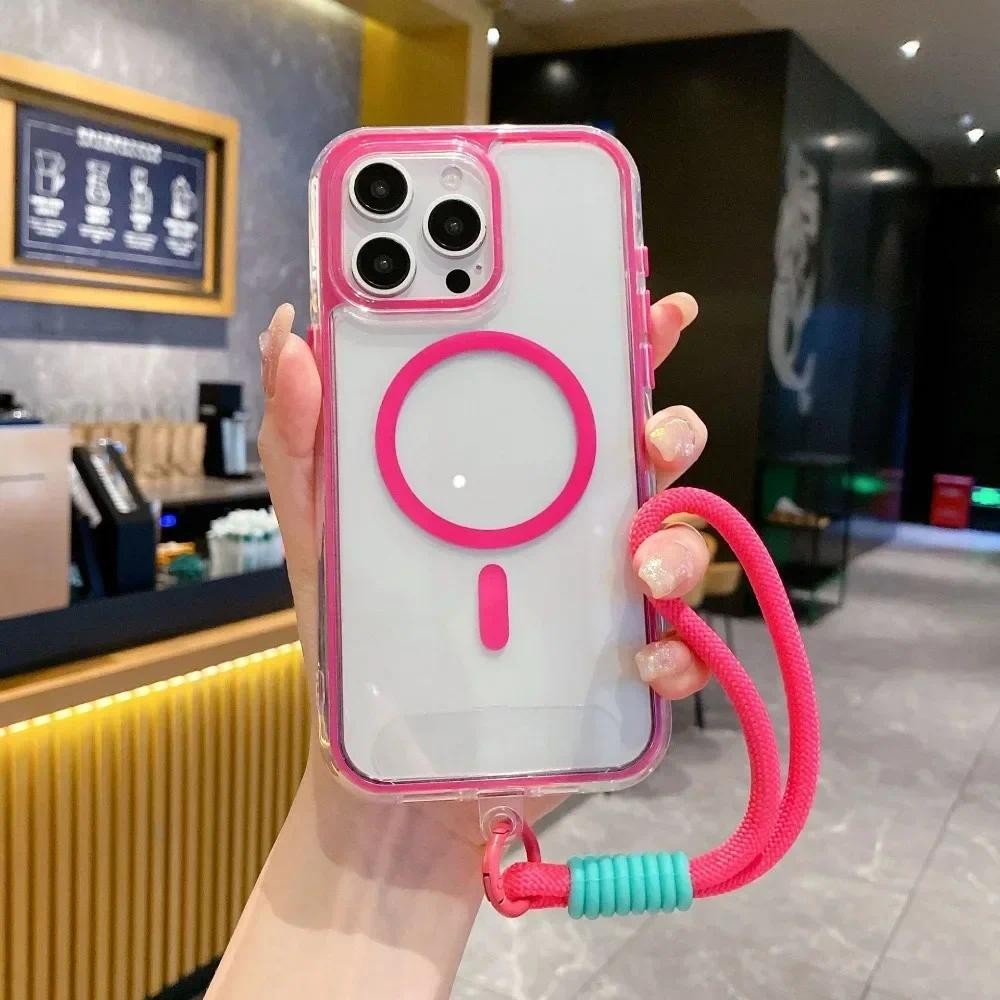 Ốp điện thoại dây đeo cổ tay trong suốt cho iPhone 16 Pro Max 15 14 Plus 13 12 11 Vỏ bảo vệ chống sốc
