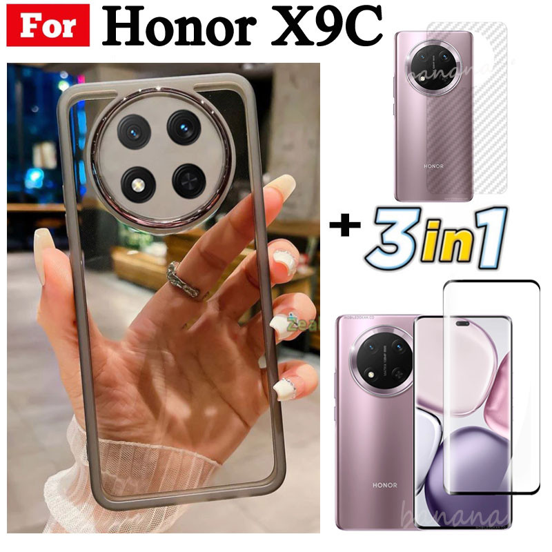 Ốp điện thoại trong suốt bằng silicon mềm TPU 3 trong 1 Honor X9C X9B X9A có vỏ bảo vệ Camera + Kính cường lực + Phim mặt sau