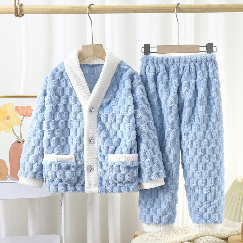 Trẻ Em Flannel Bộ Đồ Ngủ Thu Đông Dày Jacquard Cánh Cứng Lông Cừu Dài Tay Quần Vừa Lớn Trẻ Em Màu Trơn Cardigan Loungewear 90-160 QWQ