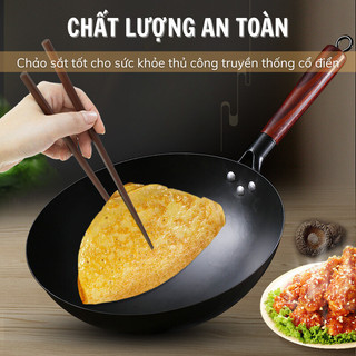 Chảo Thép Chống Dính Chiên Xào Bunnies Chảo Thép Tôi Sẵn Carbon Chịu Nhiệt Cao Không Rỉ Cán Gỗ Sồi Cao Cấp 3 Kích Cỡ