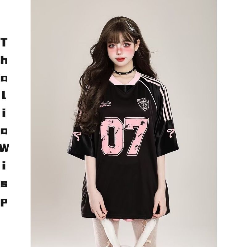 ThaliaWisp Áo Thun Nam Mỹ Retro Khâu In Hình Mùa Hè Phong Cách Thể Thao Rời Cổ Chữ V Jersey