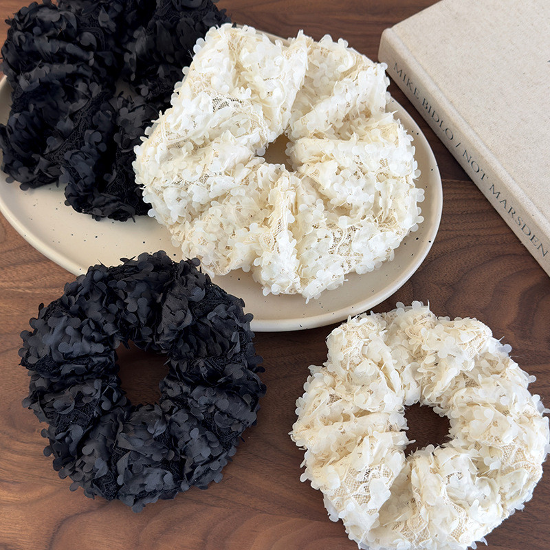Hàn Quốc Phong Cách Mới Cánh Hoa Đen Trắng Ba Chiều Gạc Scrunchy Dây Buộc Tóc