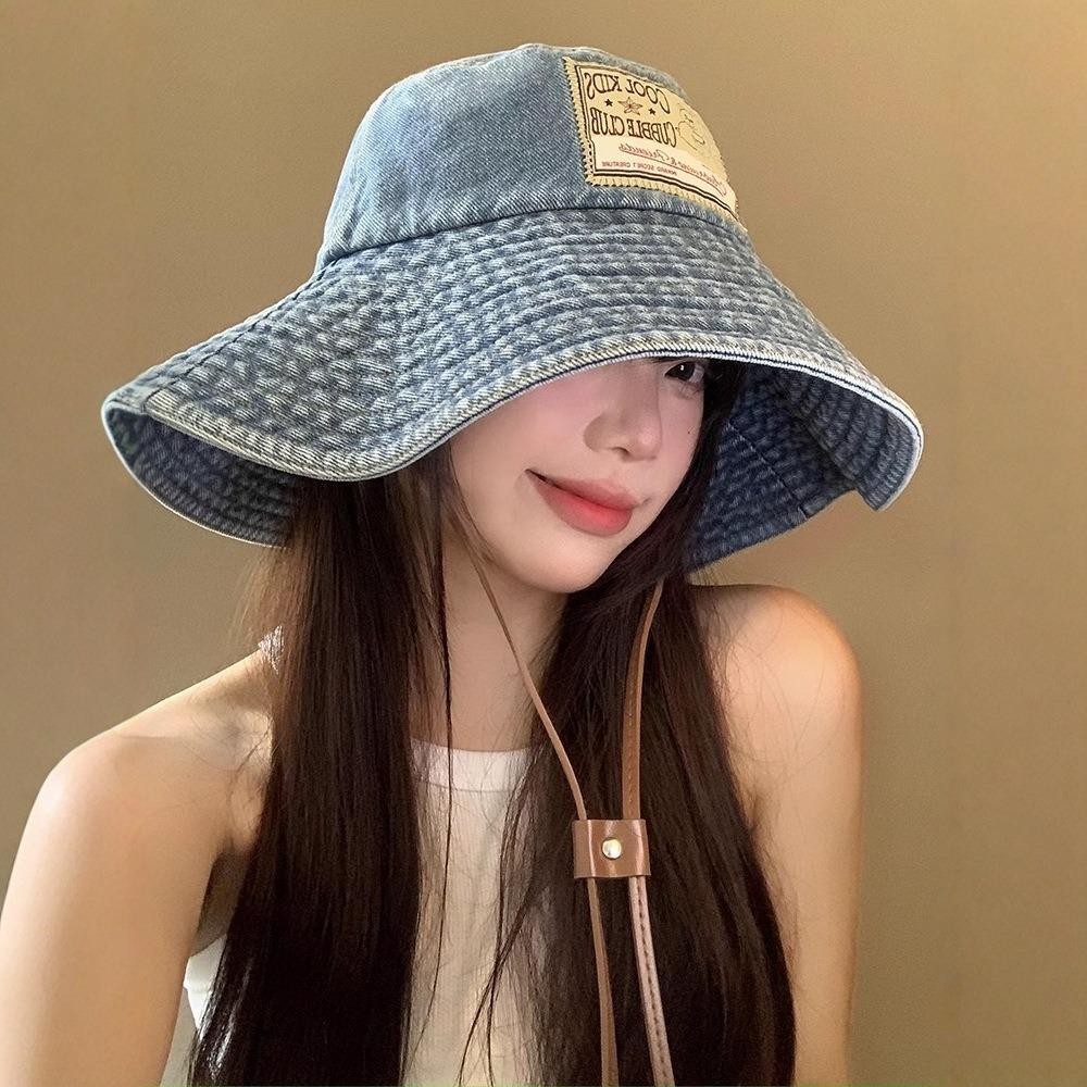 Mũ xô denim nữ HOBBYIN, chống nắng vành lớn, dây rút retro - Perfect cho mùa thu