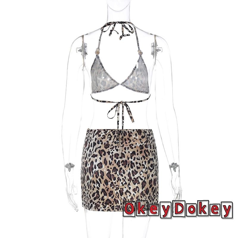 Okdk-bộ 2 món trang phục mùa hè dành cho nữ Áo Crop top cổ chữ V in họa tiết da báo và váy Mini