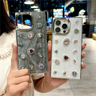 Ốp vuông cho iPhone 16 15 14 13 11 12 Pro Max thời trang mạ điện hình giọt nước keo đá quý chống sốc