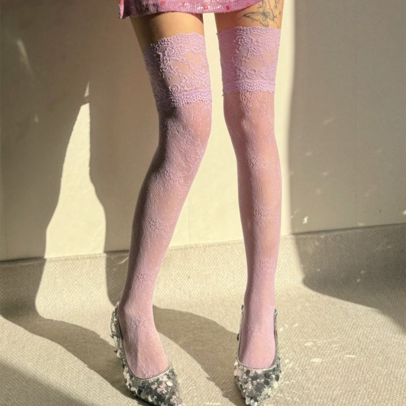 VIC Vintage Full Ren Fishnet Đùi Vớ Nữ Họa Tiết Hoa Lưới Trên Đầu Gối Dài Boot Tất