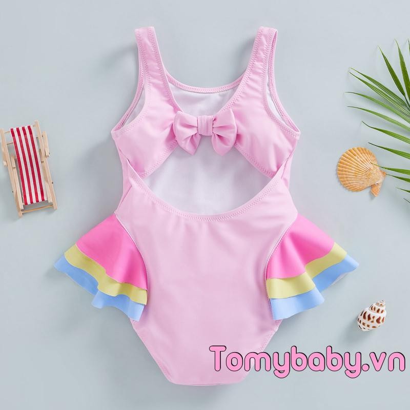 Đồ bơi trẻ em bé gái không tay cổ tròn in hình thiên nga đi biển mùa hè Ruffle Bộ đồ tắm một mảnh