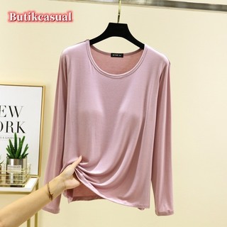 Áo thun nữ Modal đệm ngực Modal Áo sơ mi dài tay mùa xuân hè 2025 dáng rộng mỏng Top m-2xl