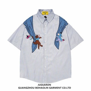 Áo sơ mi tay ngắn Winnie the Pooh retro sọc, áo thường ngày mùa hè