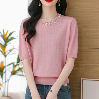 Công Nghiệp Nặng Đính Hạt Áo Thun Nữ Tay Ngắn Phong Cách Mới Thời Trang Phong Cách Phương Tây Trẻ Mẹ Mùa Hè Tencel Áo Len
