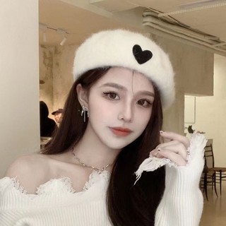 Congee Coco Thỏ Lông Mũ Mùa Đông Nữ Tình Yêu Thêu Beret Nữ Trắng Sang Trọng Sang Trọng Mũ Họa Sĩ 10.27
