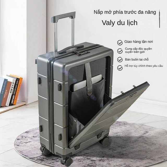 Vali 20 inch có thể sạc pin vali kéo thương mại vali du lịch 24 inch lên máy bay Nắp mở phía trước đa năng Valy du lịch