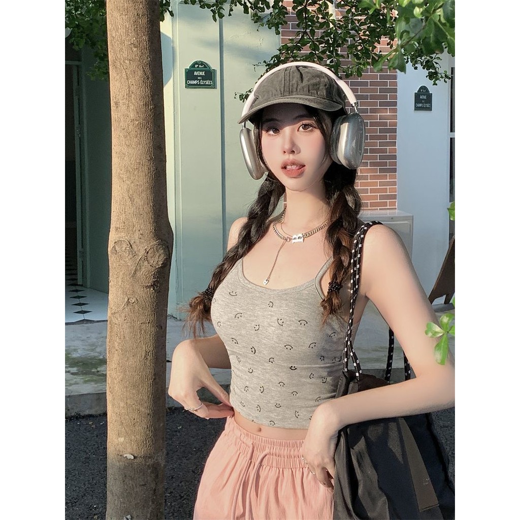 Milyfashion Mặt Cười In Màu Hồng Hot Girl Sling Mặc Bên Ngoài Lưng Đẹp Phong Cách Mới