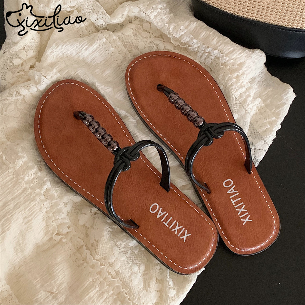 XIXITIAO Dép Lật Phẳng Màu Sắc Mùa Hè Phù Hợp Với Thời Trang Đính Hạt Đi Biển Flip Flops Nữ