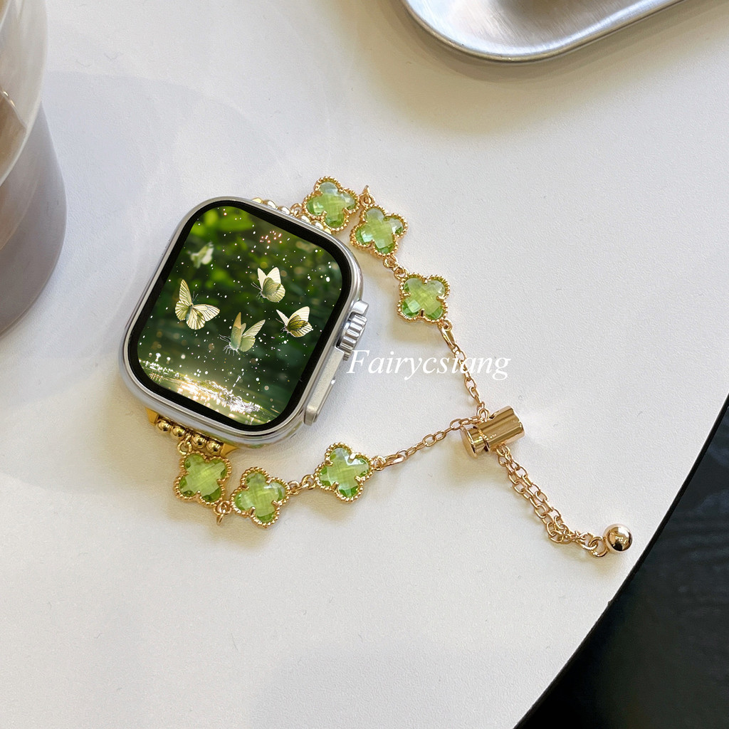 Dây đeo đồng hồ nữ có hạt cỏ ba lá mới cho Apple Watch Series 10 46MM 38 40 41 42 44 45 46 49mm cho vòng đeo tay iwatch 10 9 8 7 6 SE