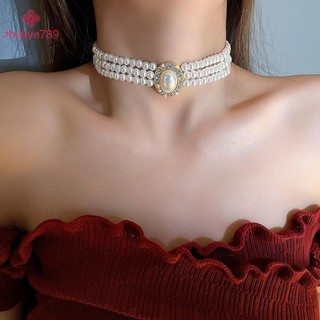 < zhuliye789 > Vòng cổ ngọc trai ba lớp kiểu cổ điển kiểu Pháp Ngọc trai lấp lánh Váy cưới Chuỗi xương đòn cho nữ cổ