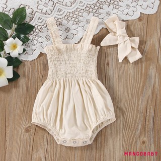 MG-Baby Áo Liền Quần Mùa Hè Trang Phục Màu Trơn Ruched Bé Gái Thường Ngày Không Tay Suspender Rompers Và Băng Đô
