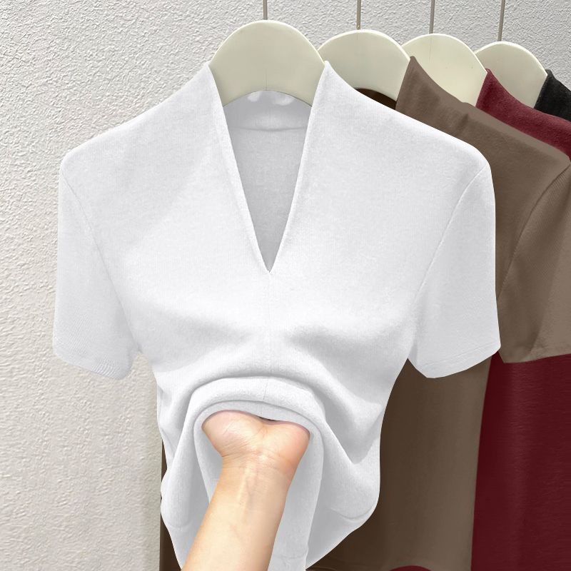 Áo thun nữ mùa hè 2026 retro mới cổ chữ V giảm béo ren thời trang dáng rộng thường ngày