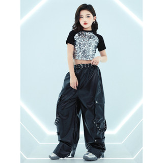 Jazz Dance Trang Phục Bé Gái Thời Trang Crop Rốn Sequins Khiêu Vũ Biểu Diễn Quần Da Hiệu Suất Trang Phục