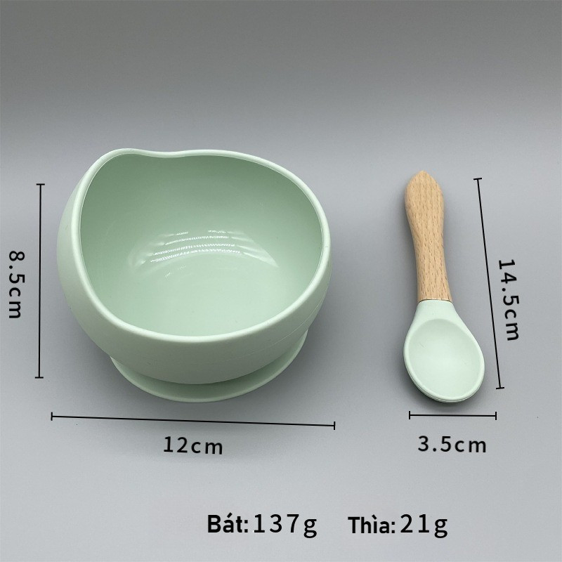 Bát ăn dặm silicone cho bé từ 5 tháng, Kèm Thìa Gỗ, Đế hít chống trượt đổ, An Toàn, Dễ Vệ Sinh