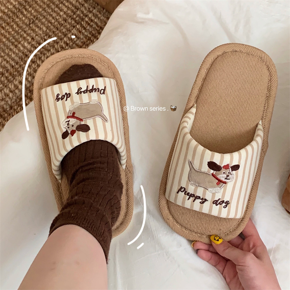 Dễ Thương Chó Con Vải Lanh Dép ins Nhật Bản Bốn Mùa Đa Năng Dép Đi Trong Nhà Dép Vải Lanh Cotton Giày Sàn Hút Mồ Hôi Hộ Gia Đình Dép Phẳng