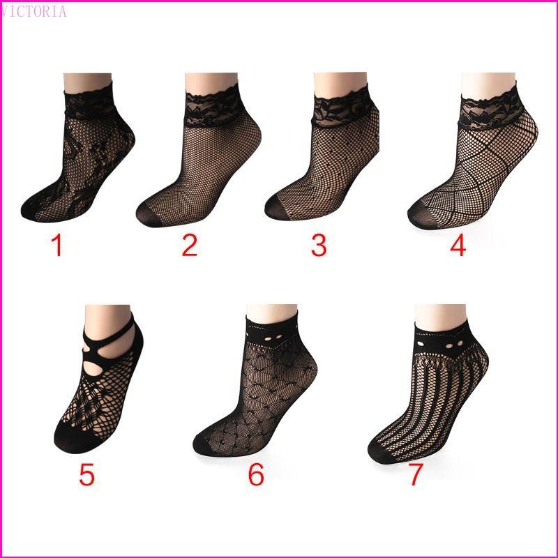 Vic Nữ Mùa Hè Ngắn Trên Mắt Cá Chân Thuyền Tất Fishnet Lưới Đen Hoa Ren Pat