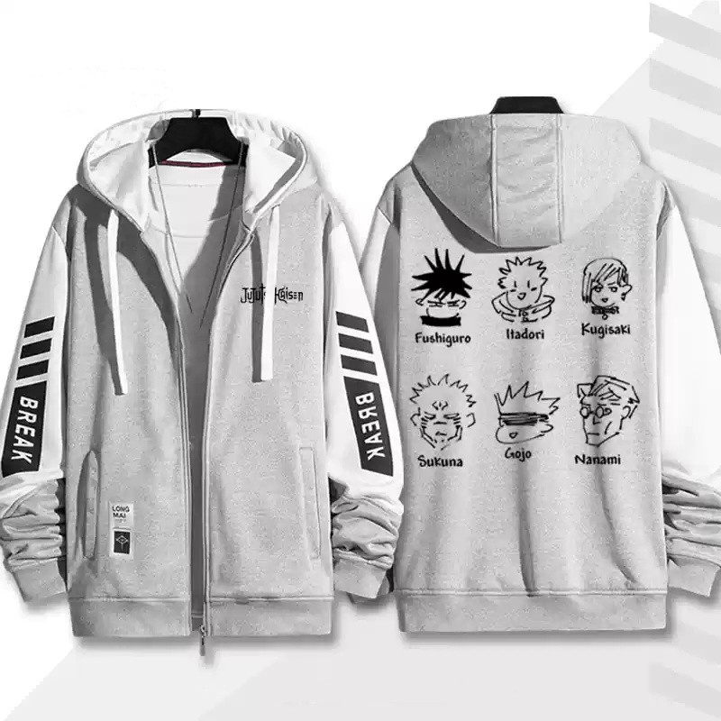 Hoodie zipper anime Jujutsu Kaisen với hình ảnh nhân vật Satoru Gojo và Itadori Yuji - Phù hợp cho cosplay unisex