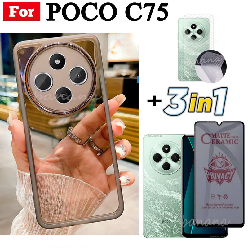 Vỏ điện thoại trong suốt bằng silicon mềm TPU 3 trong 1 Poco C75 C65 C61 có vỏ bảo vệ Camera + Kính cường lực riêng tư + Phim mặt sau