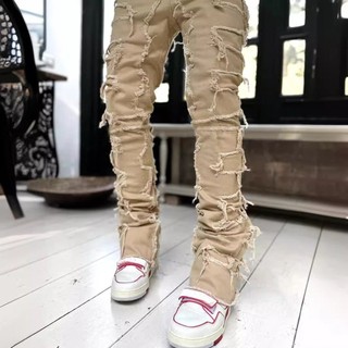 Quần ống đứng denim nam mới xuyên biên giới thời trang đường phố Âu Mỹ quần ống đứng denim vá co giãn mẫu hot Instagram