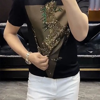 Station Street Wear Light Quần áo nam sang trọng 2023 Ice Silk Hot Diamond Áo thun ngắn tay Slim-Fit Đẹp trai Top 11.13